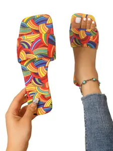 Women's Rainbow Abstract Line Print Square Toe Slippers, Non-Slip Flat Sole, Casual Medium Width, PU Leather, European Style Summer Shoes