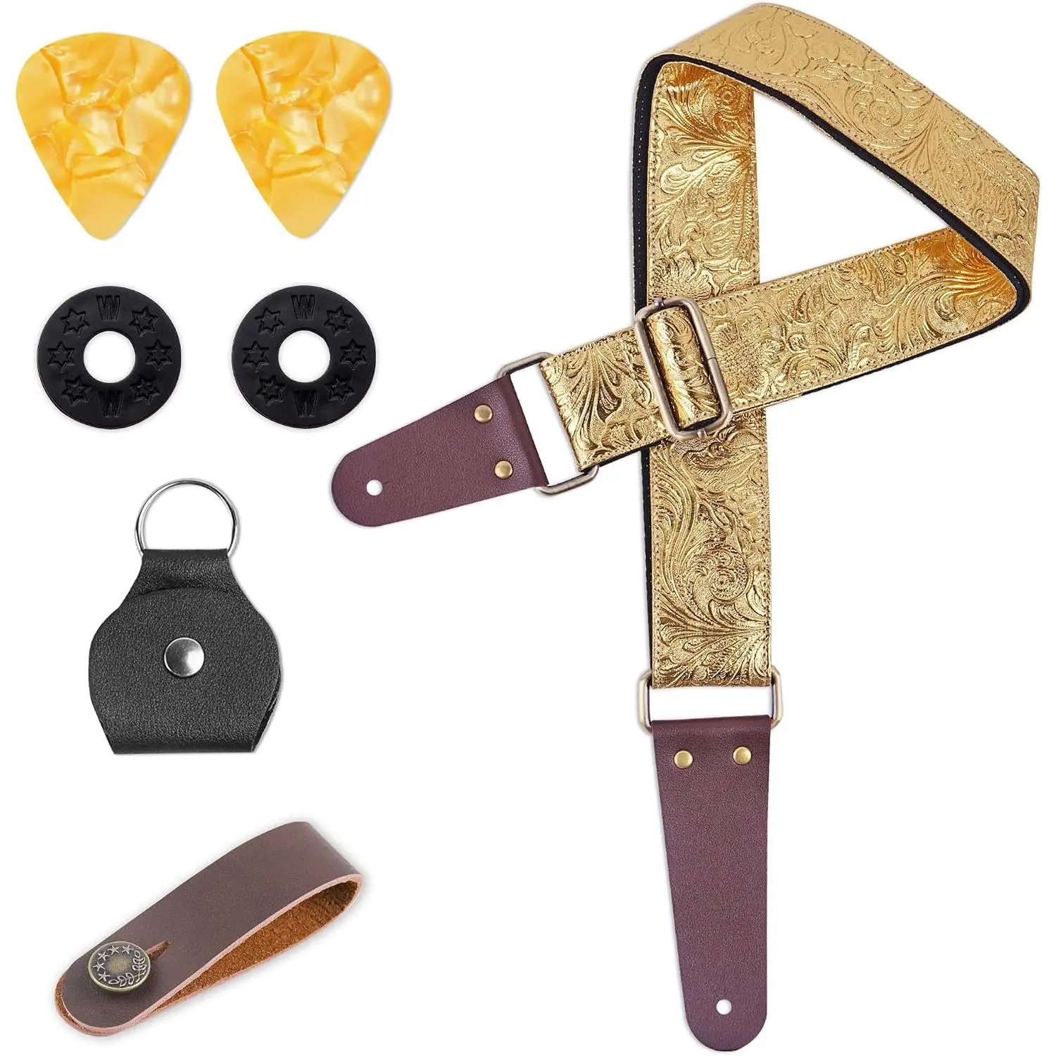 Adjustable Guitar Strap Includes 2 Strap Locks & 2 Matching Picks & 1 Picks Holder & 1 leather Strap Button.