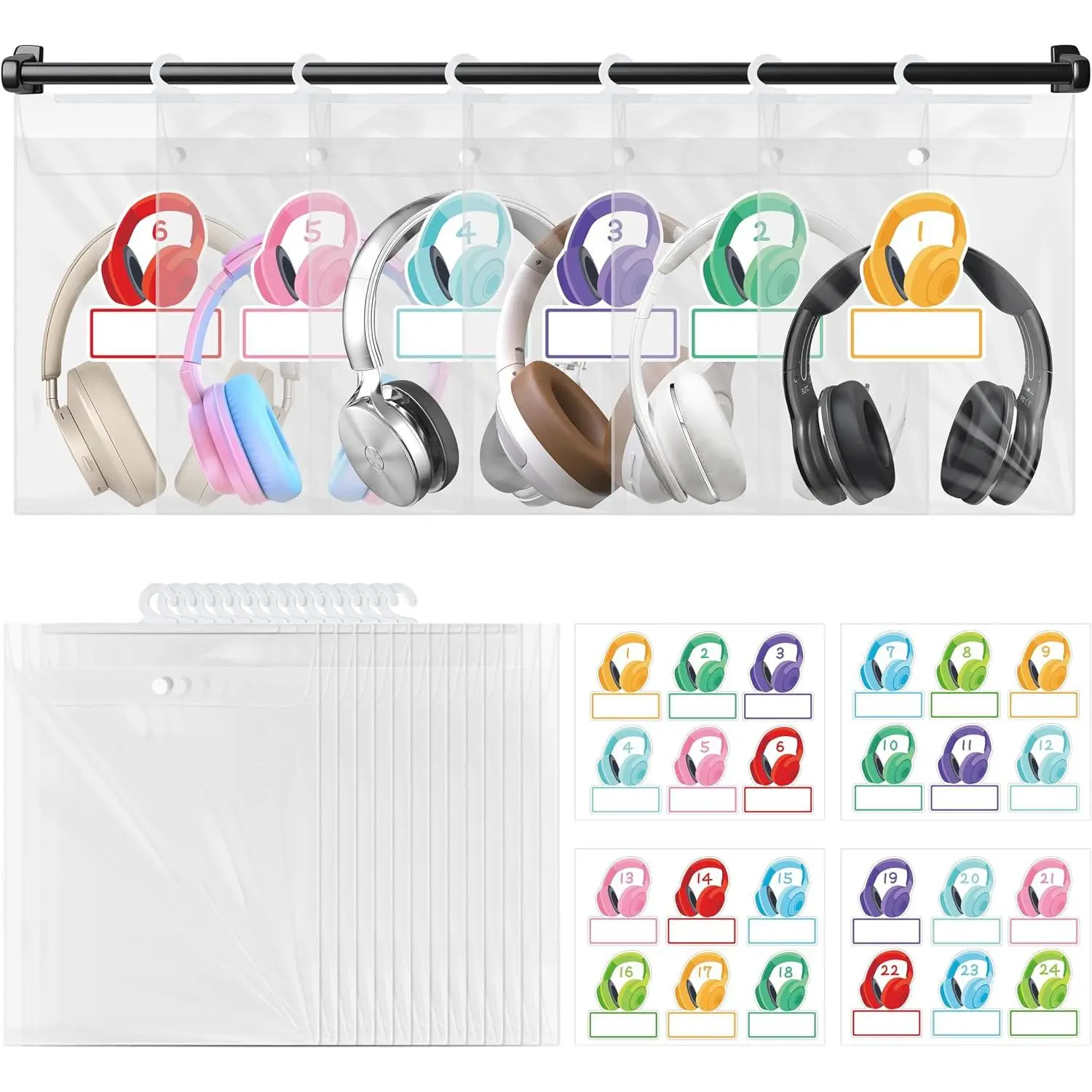 28 count  to School Classroom Large Headphone Storage Bags | 9.6 x 12.8 Inch Clear PVC Headphone  Storage Bags with Large Hook  Stickers for Classroom School Library