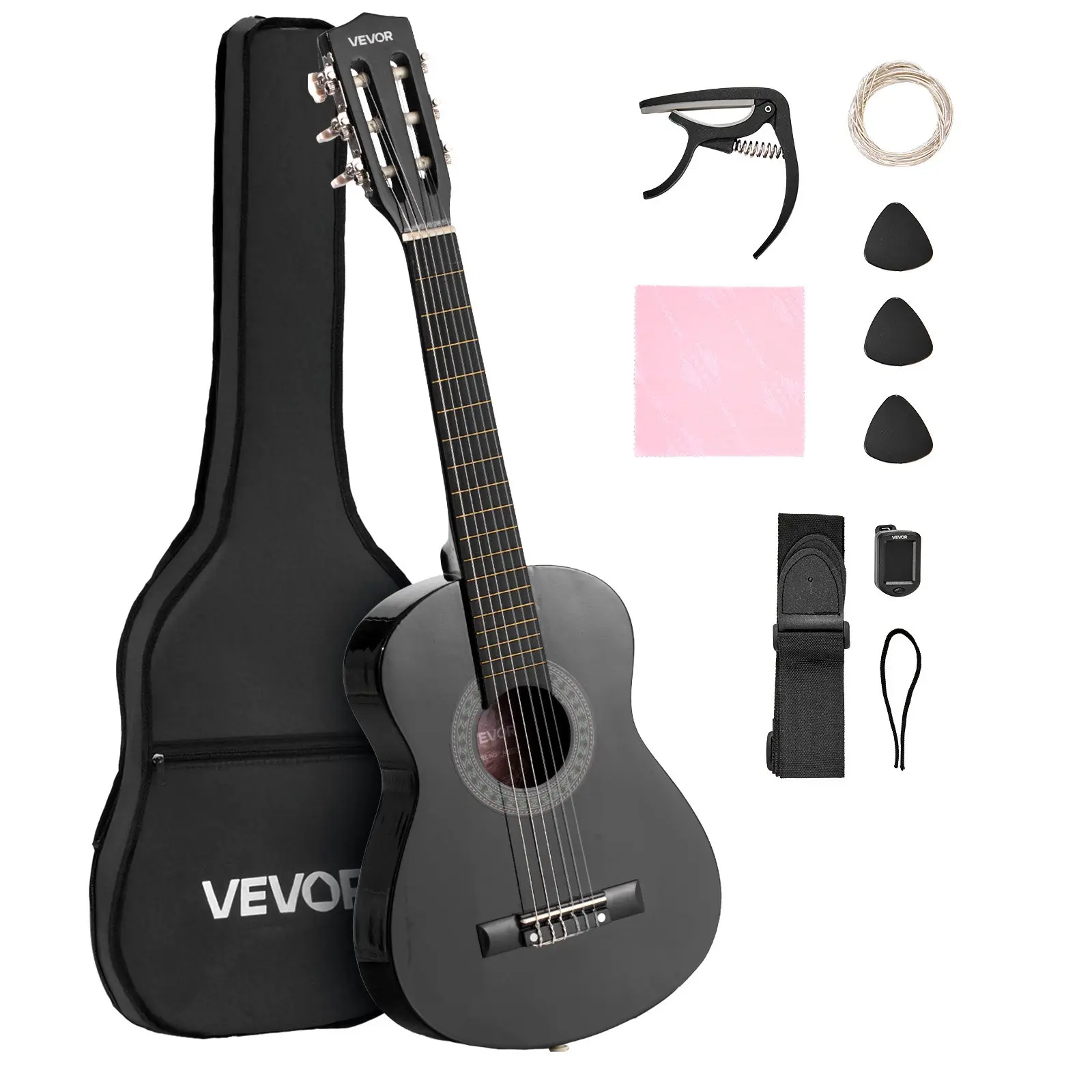 VEVOR 30-Inch Basswood Classical Guitar Starter Kit for Beginners, Nylon Strings, Gig Bag, Strap, Tuner, Extra Strings, Picks, Capo, Black, TikTok Shop Back to School