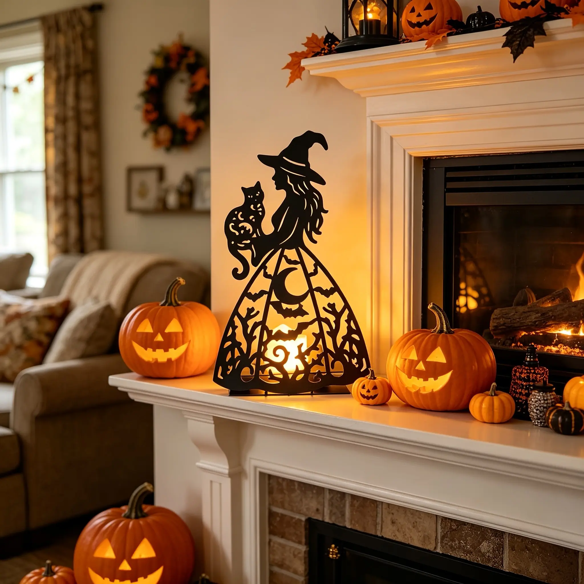 Halloween Witch Cat Iron Candle Holder, Halloween Festival Projection Decor, Dark Theme Party Table Decoration, Living Room Dining Window Ornament