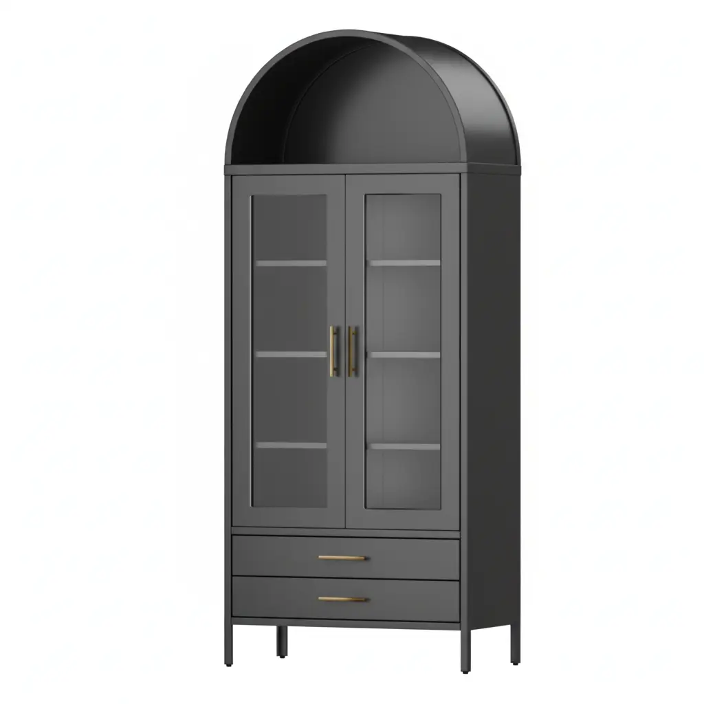 Modern Black Metal Arched Kitchen Pantry Cabinet with Glass Doors – 73 Inch Tall, 2 Drawers, 2 Adjustable Shelves, Freestanding Storage and Display Cabinet for Dining and Living Room