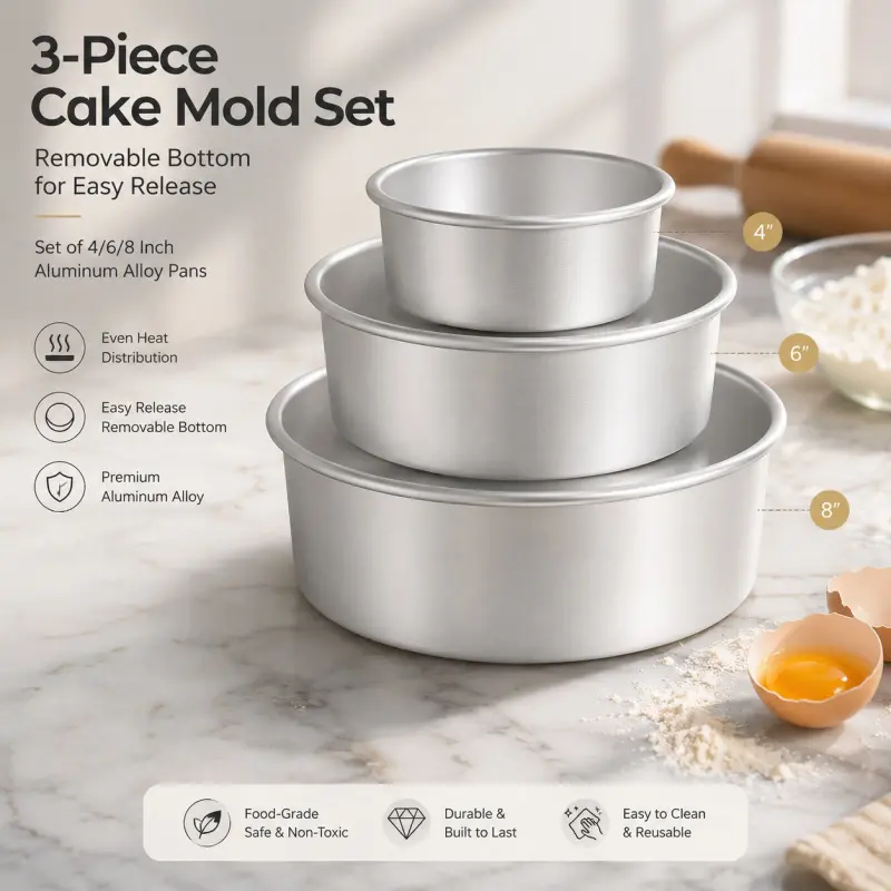 3 Pack Aluminum Round Springform Cake Pans, 4/6/8 Inch Removable Bottom Cheesecake Baking Molds Non Toxic Bakeware Baking Supplies for Home Baking
