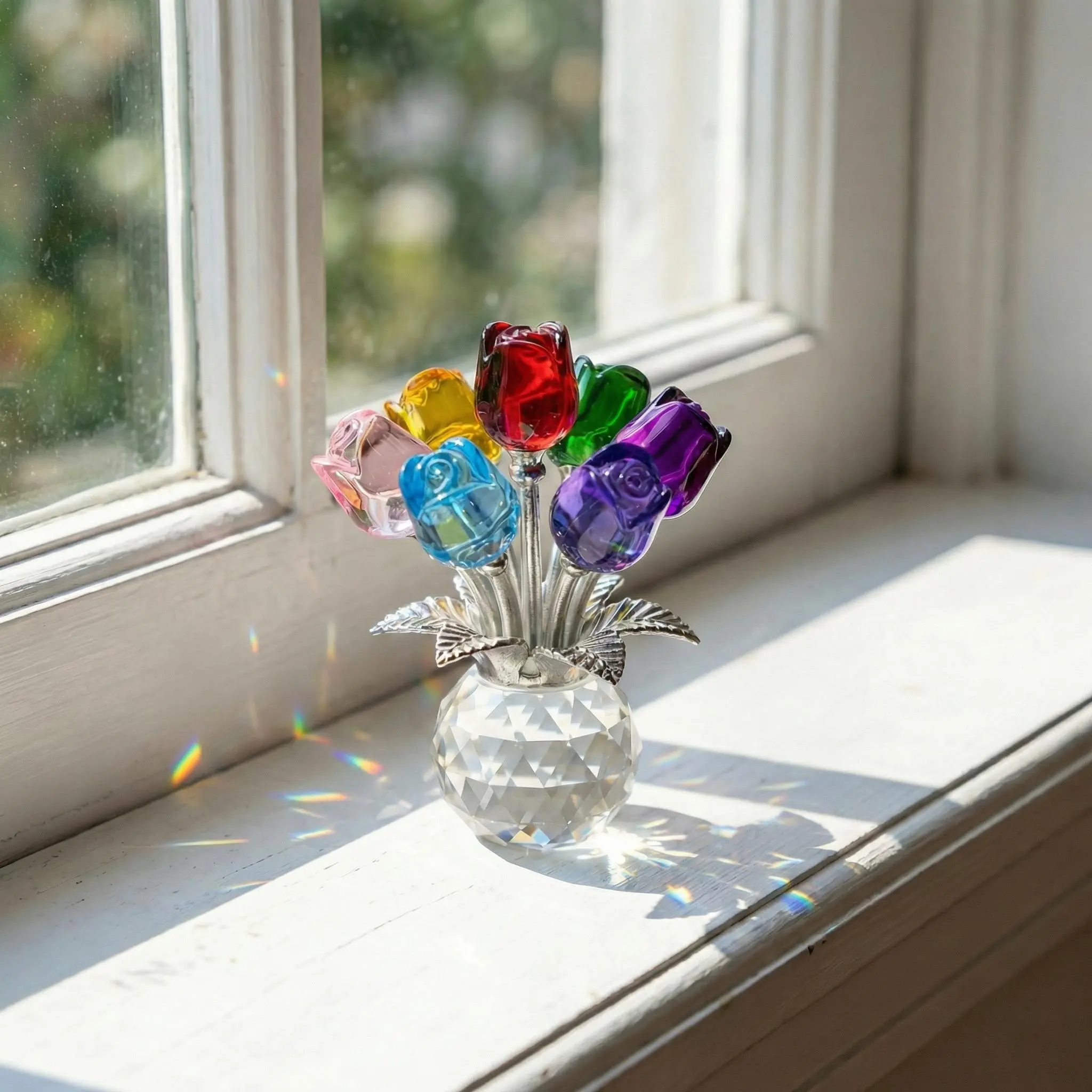 Handmade K9 Crystal Rainbow Rose with Vase - Light Catcher Prism Home Decor, Everlasting Flower Gift for Women, Graduation, Birthday, Office & Living Room Centerpiece