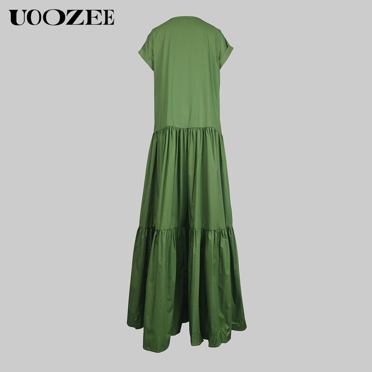 UOOZEE Women's Orange Loose Short Sleeves Pleated Pockets Solid Color Split-Joint V-Neck Maxi Dresses Summer Casual Basic Elegant Style Cotton Blend Comfortable Fit