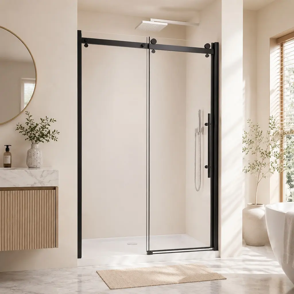 ARCH 48" W x 72" H Frameless Single Sliding Shower Door, 1/4" Clear Tempered Glass, Matte Black Aluminum Frame, Zinc Roller Rail System, Stainless Steel Handle, Reversible Installation, Waterproof Bottom Seal, Modern Bathroom Enclosure