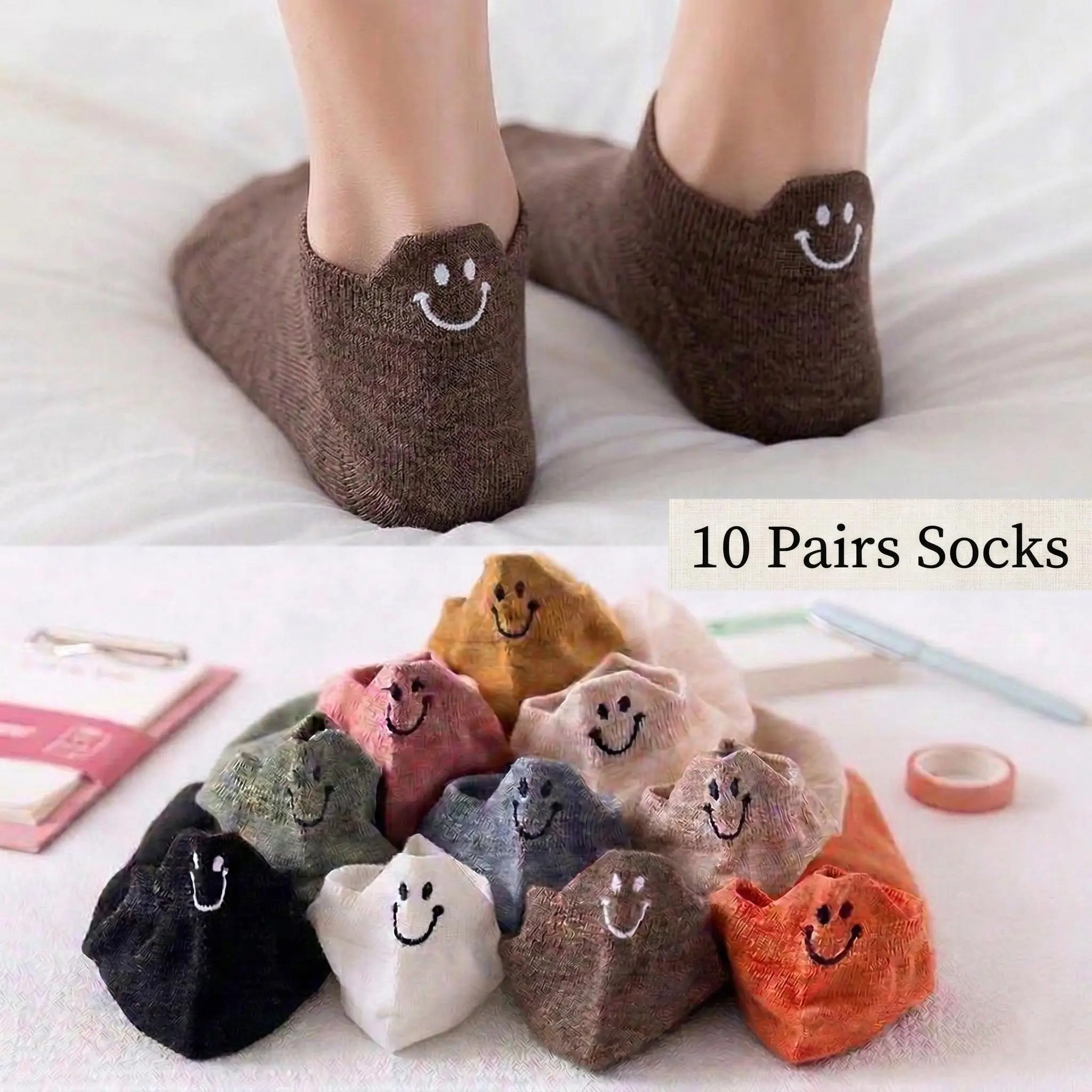 Women's 10 Pairs Smiley Face Embroidery Breathable Cotton Low Cut Boat Ankle Socks - Lightweight, Non-Slip, Comfy, Fit Summer Hosiery for Gym, Casual Use