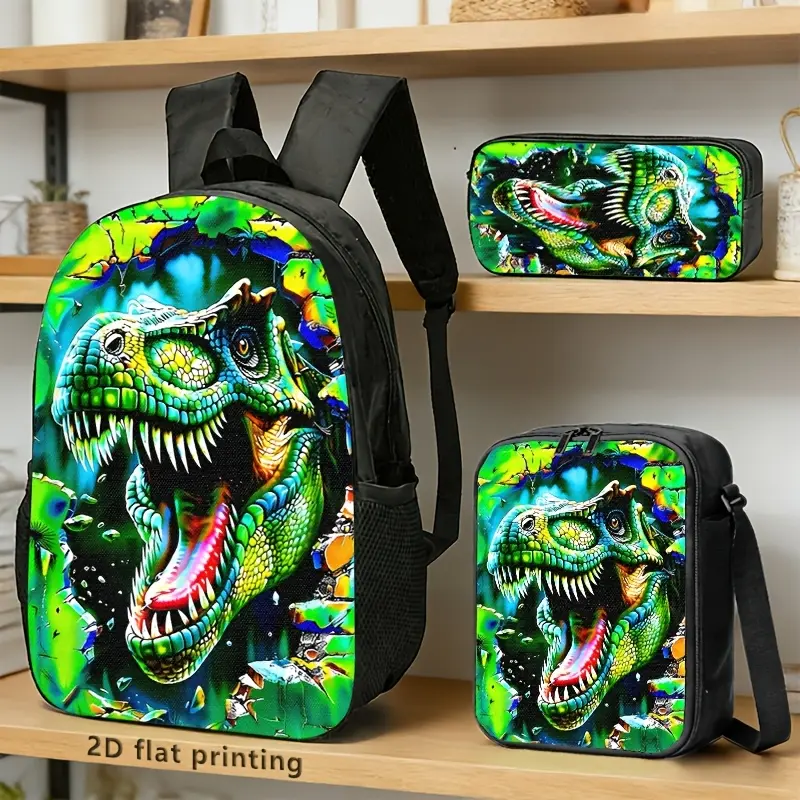 3Pcs Roaring Green T-Rex Print Bag Set, Backpack Crossbody Bag And Pouch With,Bright Blue-Green Splatter & Rock Texture Design With Striking Black Trim, Ideal Daily Commute & Study Bags For Anime Fans. # TikTokMadeMeBuyIt # TRexBagSet # AnimeFanAccessorie