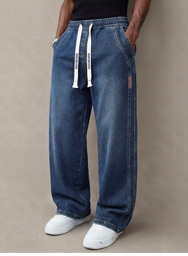 Men’s Stretch Denim Jeans — Vintage Washed Straight-Leg Fit, Drawstring Design for Easy Pulling On and Versatile Casual Wear; Regular-Season Everyday Long Pants