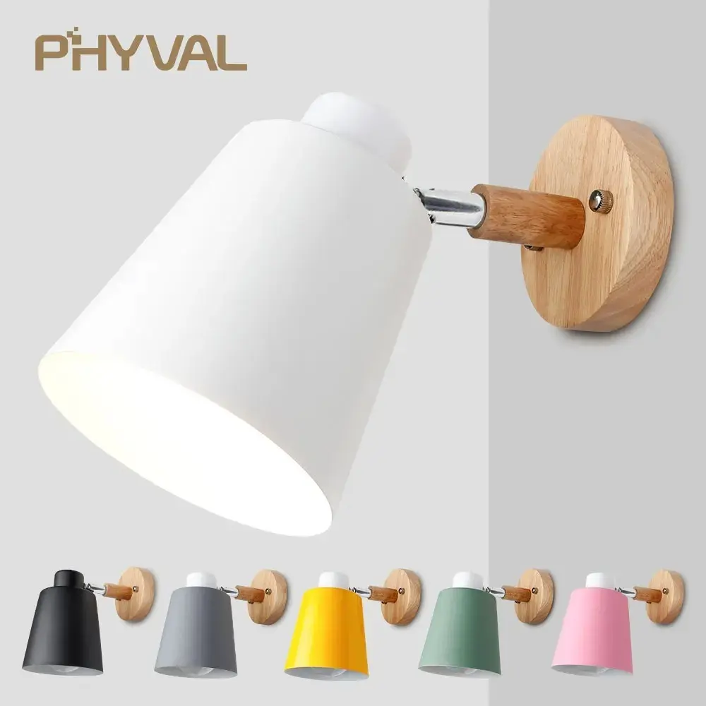 Nordic Solid Wood Wall Lamp, Macaron Rotatable Arm Bedside Reading Light, Bedroom Kids Room Hallway Home Decor Wall Lamp