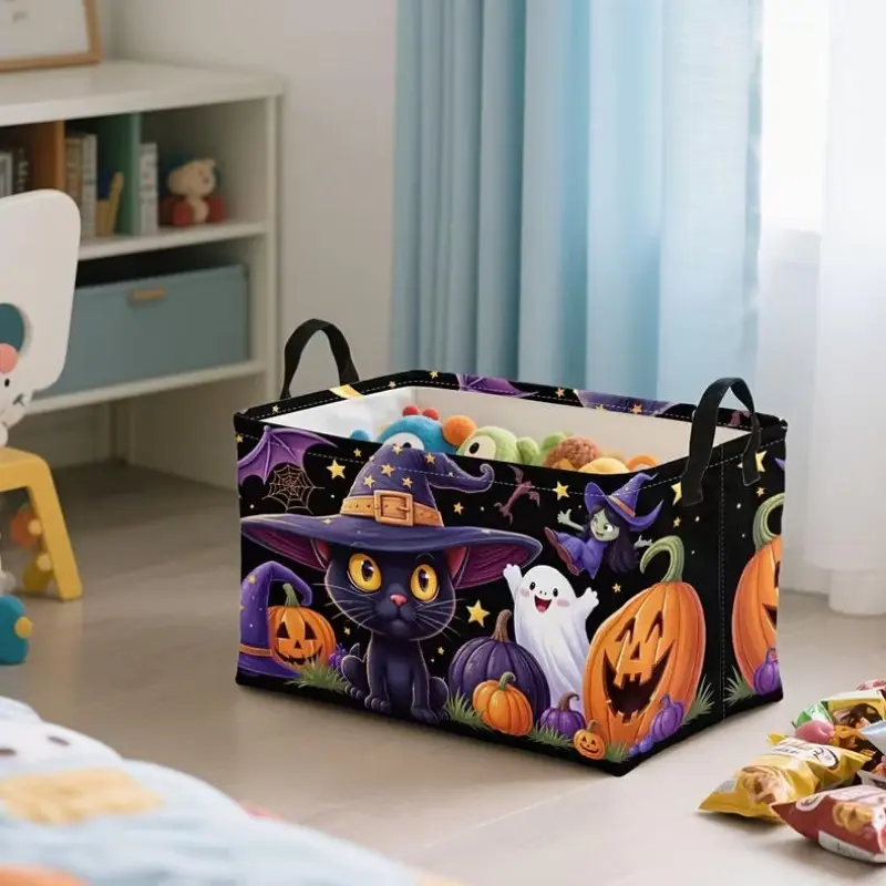 1pc, of a Large,Collapsible Storage Basket Featuring a for Halloween Design with Gothic Cats, Bats, Witches.This Versatile Square Organizer Is Perfect for Storing for Halloween Treats, Decorating for Autumn Festivals,storage Organizer for Clothes