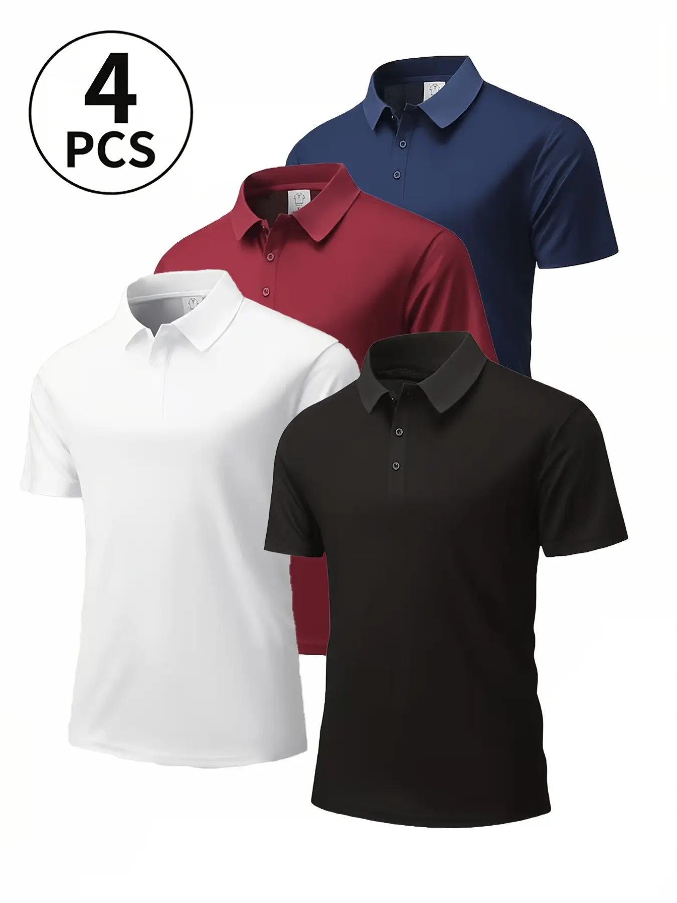 4pcs Men's Quick-Dry Breathable Polo Shirts, Moisture-Wicking Short Sleeve Golf Wear, Casual Business Collar Tops, Solid Color T-Shirts for Work, Tennis, Outdoor Activities, Active Sportswear