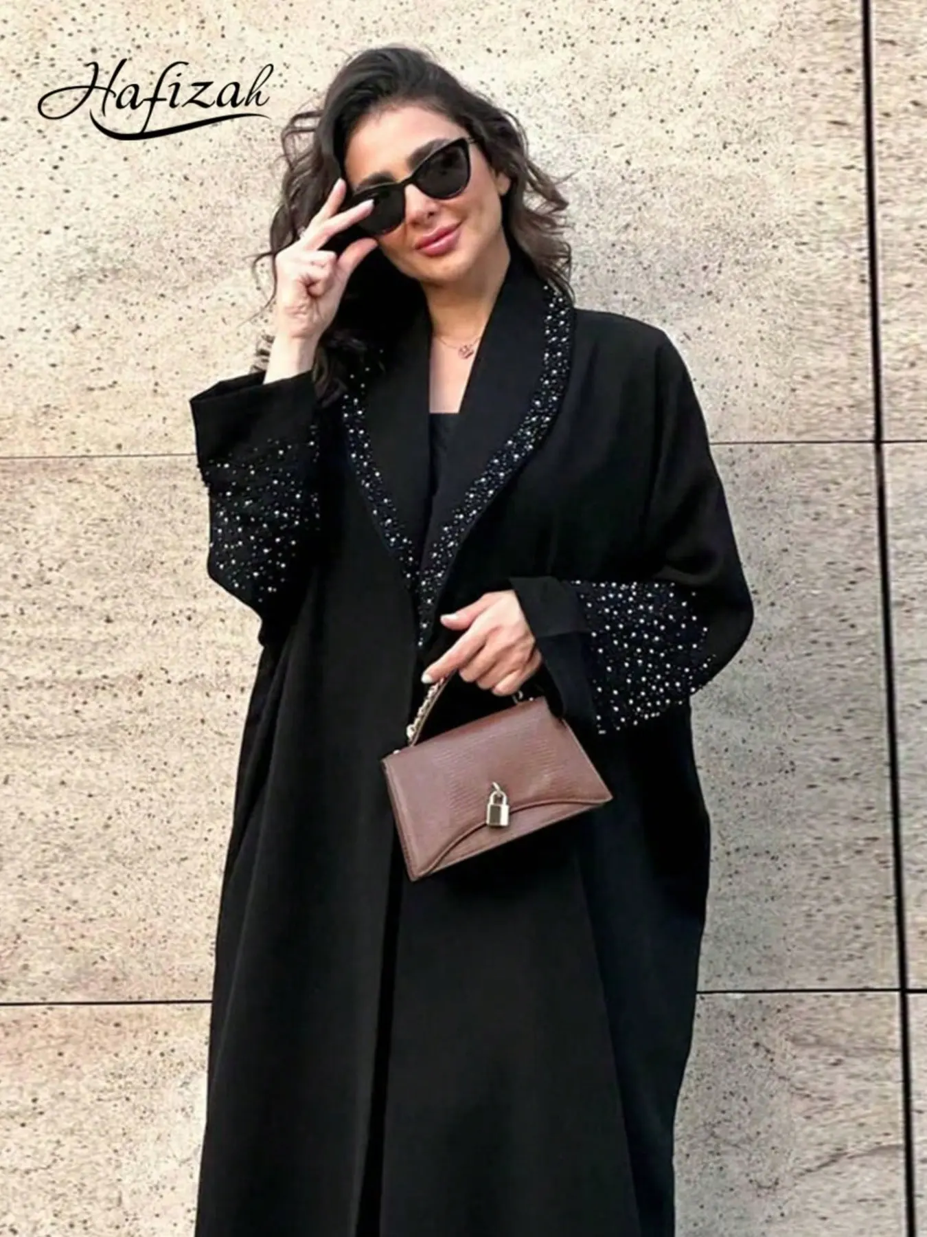 Hafizah Long Open Front Blazer, Long Sleeve, Full Rhinestone Design, Loose Fit, Oversized, Plain Surface, All-Season Outerwear, Women's Fashion