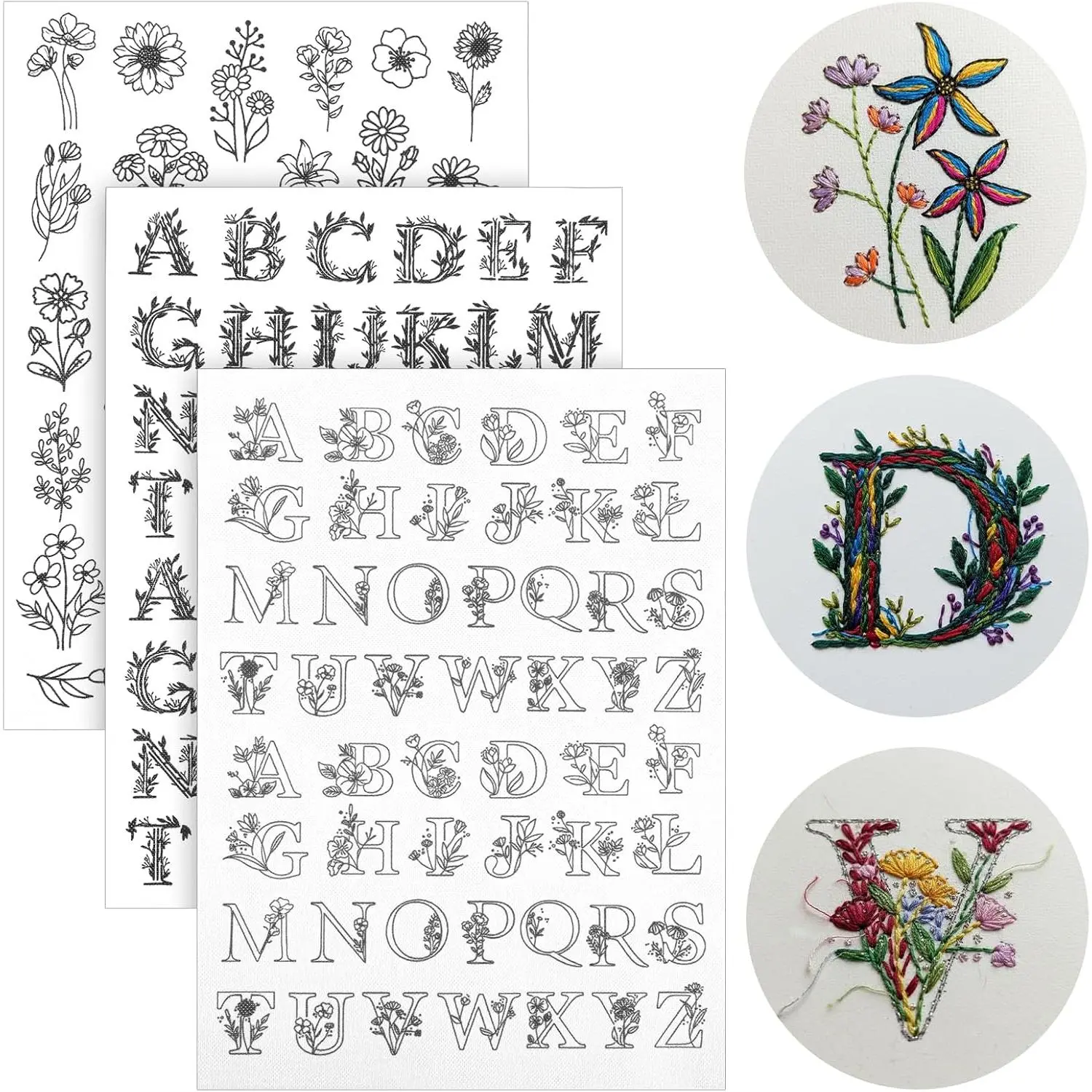 3 Sheets Stick and  Embroidery, 140 count Water Soluble Embroidery Patterns, Wash  Pre-Printed Floral Alphabet Transfers for Hand Sewing Beginners DIY