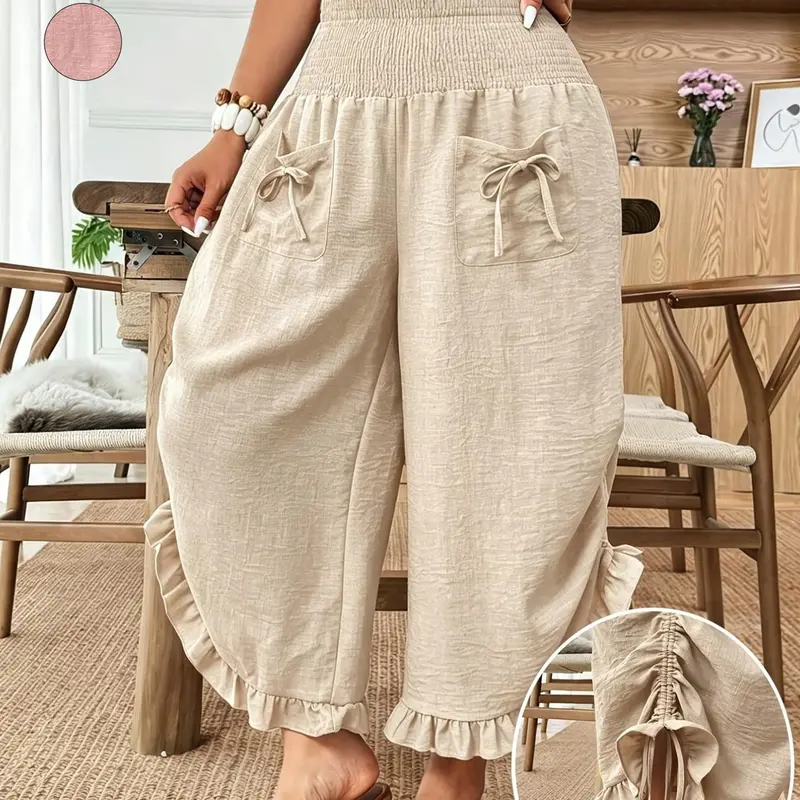 Plus Size Solid Color Ruffled Casual Bow-Pocket Loose Fit Trousers, Y2K Clothes Daily Wear, Trendy Basic Bottoms, Comfortable Relaxed Fit Casual Ensembles, Stylish Ruched Detail Party Casual Wear, Flowy Ruffle Bottoms
