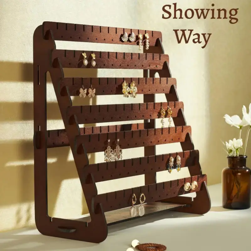 Vintage Wooden Earring Display Rack, Multi-Layer Desktop Jewelry Organizer, Minimalist Tabletop Decor for Living Room Bedroom Vanity Accessory Storage