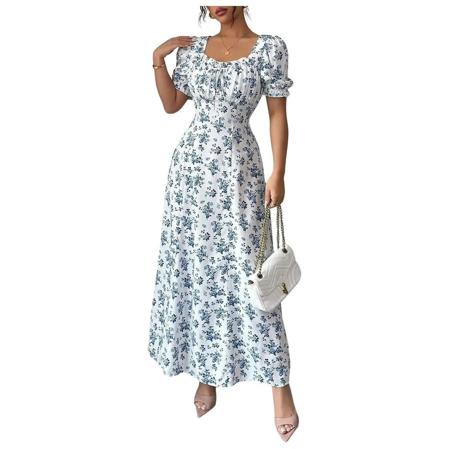 Women's Floral Milkmaid Dress Short Puff Sleeve Boho A-Line Long DressGift