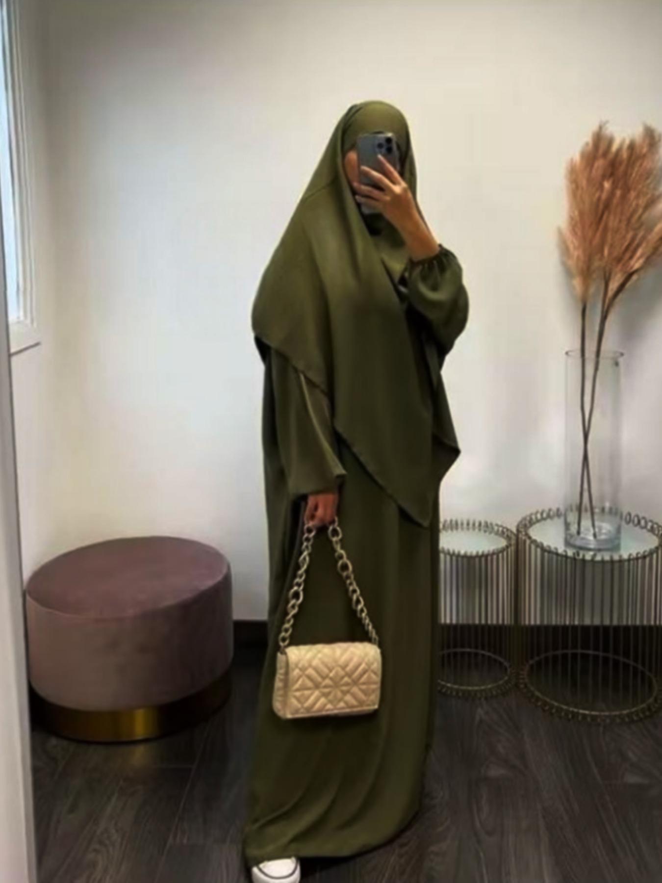 Women's Solid Long Sleeve Abaya & Hijab Set, Modest Fashionable Two-piece Outfits for Women, Women's Islamic Clothing for Daily Wear