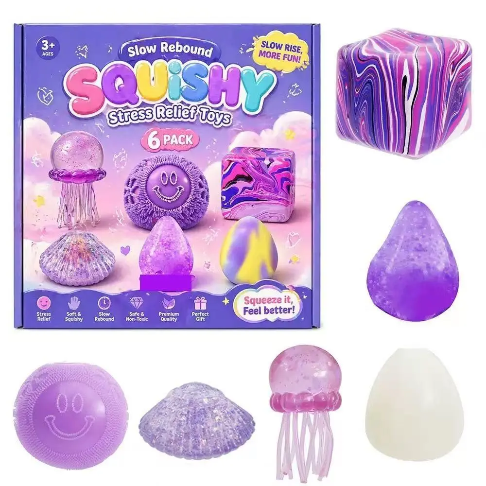 6pcs Creative Stress Relief Squishy Toy Set, Slow Rebound Office Fidget Dummies, Unique Gift Box Kit for Relaxation, Sensory Fidget Squishies