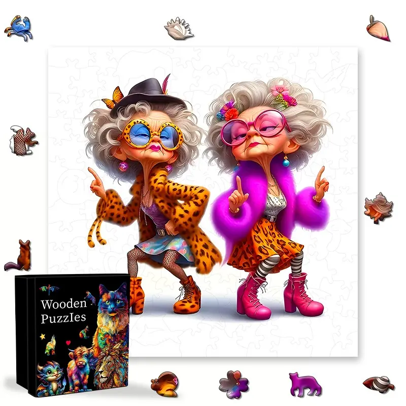 Dancing Elderly Couple Wooden Puzzle, Irregular Animal-Shaped Pieces, Challenging Adult Brain Game, Holiday Gift, Home Decor Art Puzzle