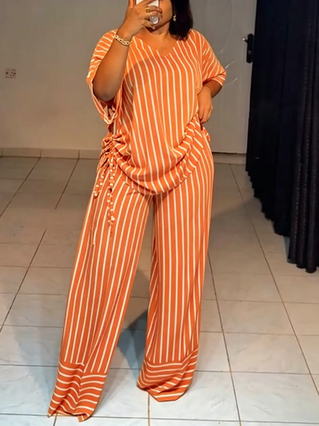 Elegant Fashion V-Neck Drawstring Top, Waist-Cinch Wide-Leg Pants, Casual for Parties and Dates, Stylish Two-Piece Set