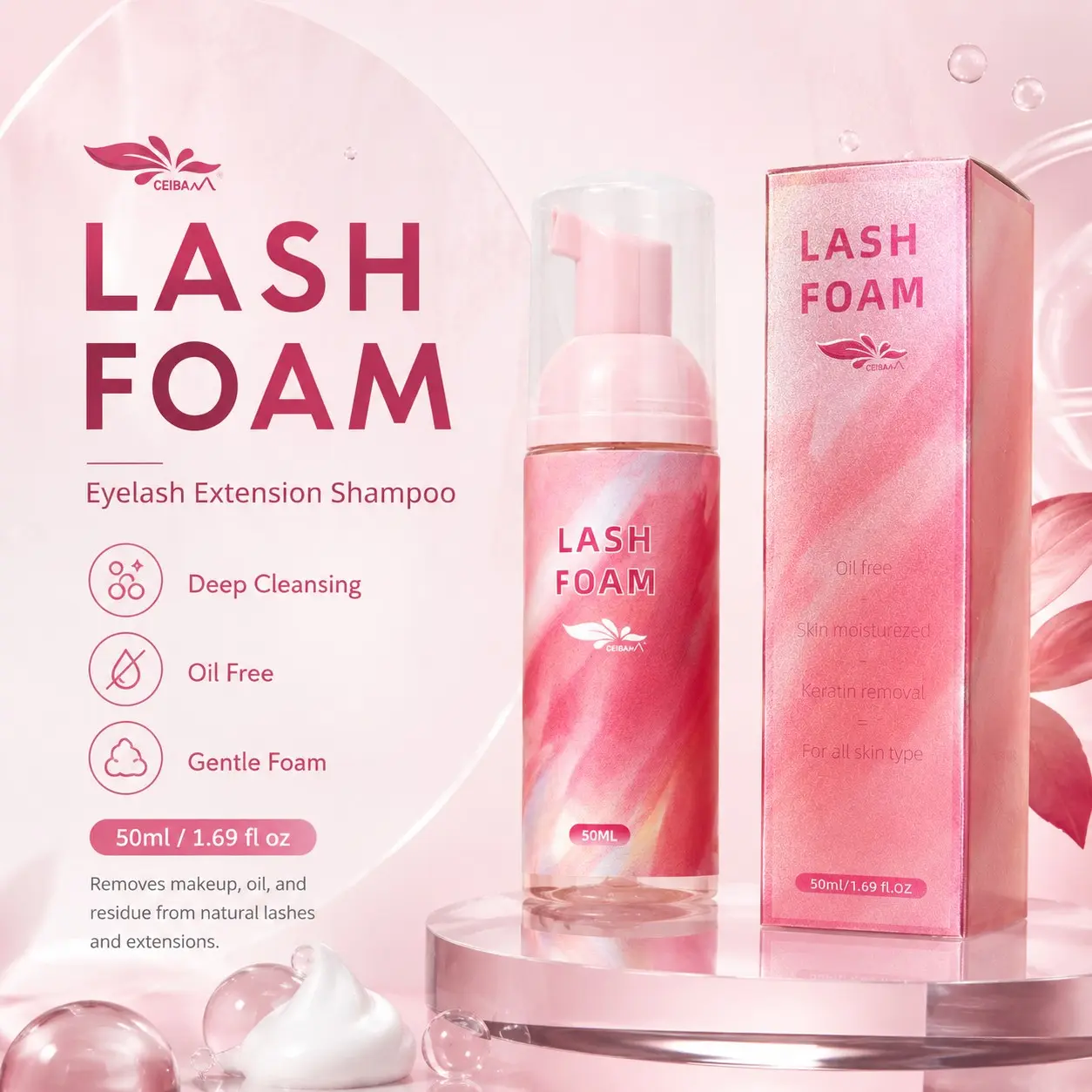 Cosmetic Eyelash Shampoo Cleanser, 50ml Lash Foam Gentle Wash with Cleansing Brush, Makeup Cleaner & Mascara Remover, Makeup Removers for Extensions and Natural Lashes, Lash Cleaning Kit for Women