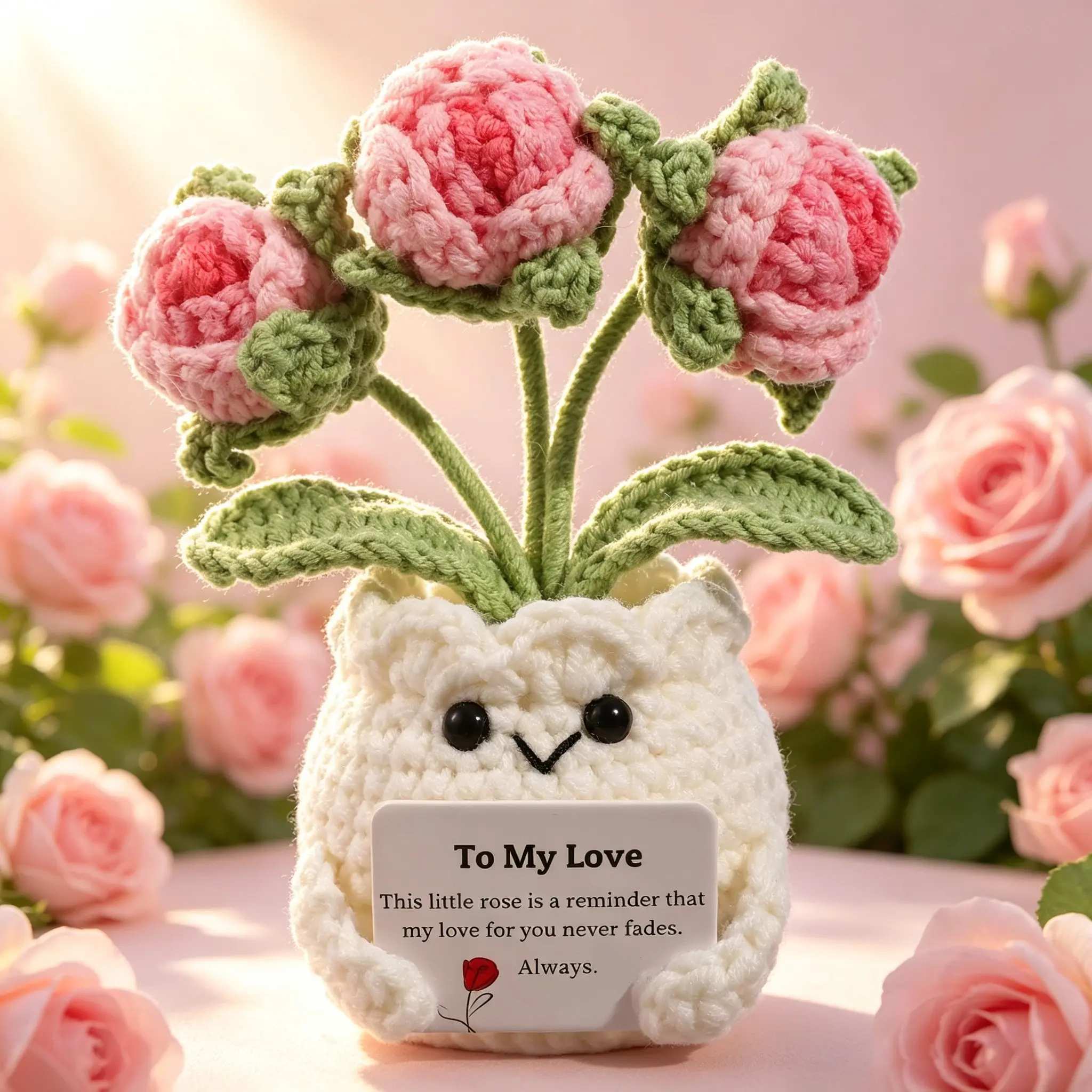 Handmade Crochet Rose Planter, Home Office Desktop Decor, Low Maintenance Artificial Flower Mini Pot, Perfect Gift for Holidays