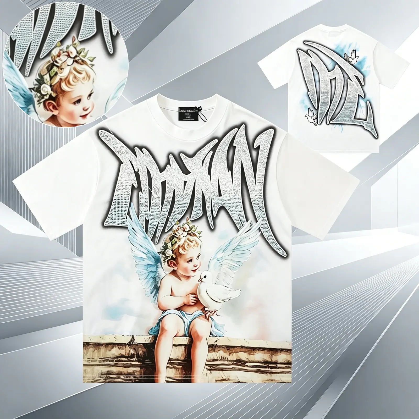 MIXED EMOTION Life Hustlers Shirt Men Women Rhinestone Angel Baby Print Graphic T-Shirt Oversized Cotton Tee Streetwear Hip Hop Y2K Vintage Retro Loose Fit Summer Short Sleeve Crew Neck Top TikTok Viral Aesthetic Outfit Independence Day 4th of July Pride