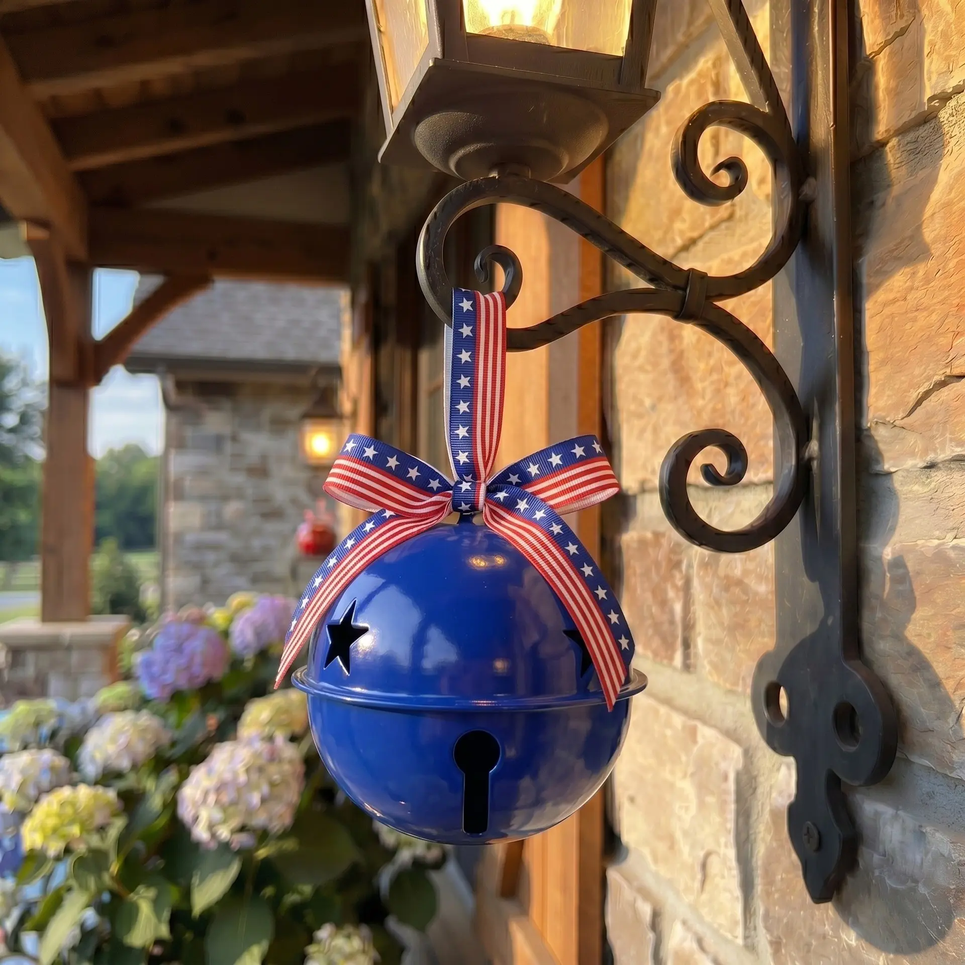 6" Large Patriotic Metal Jingle Bell Ornaments, Red White Blue Hanging Bells for Farmhouse Porch Wall Decor, Multi‑Season Home Decoration