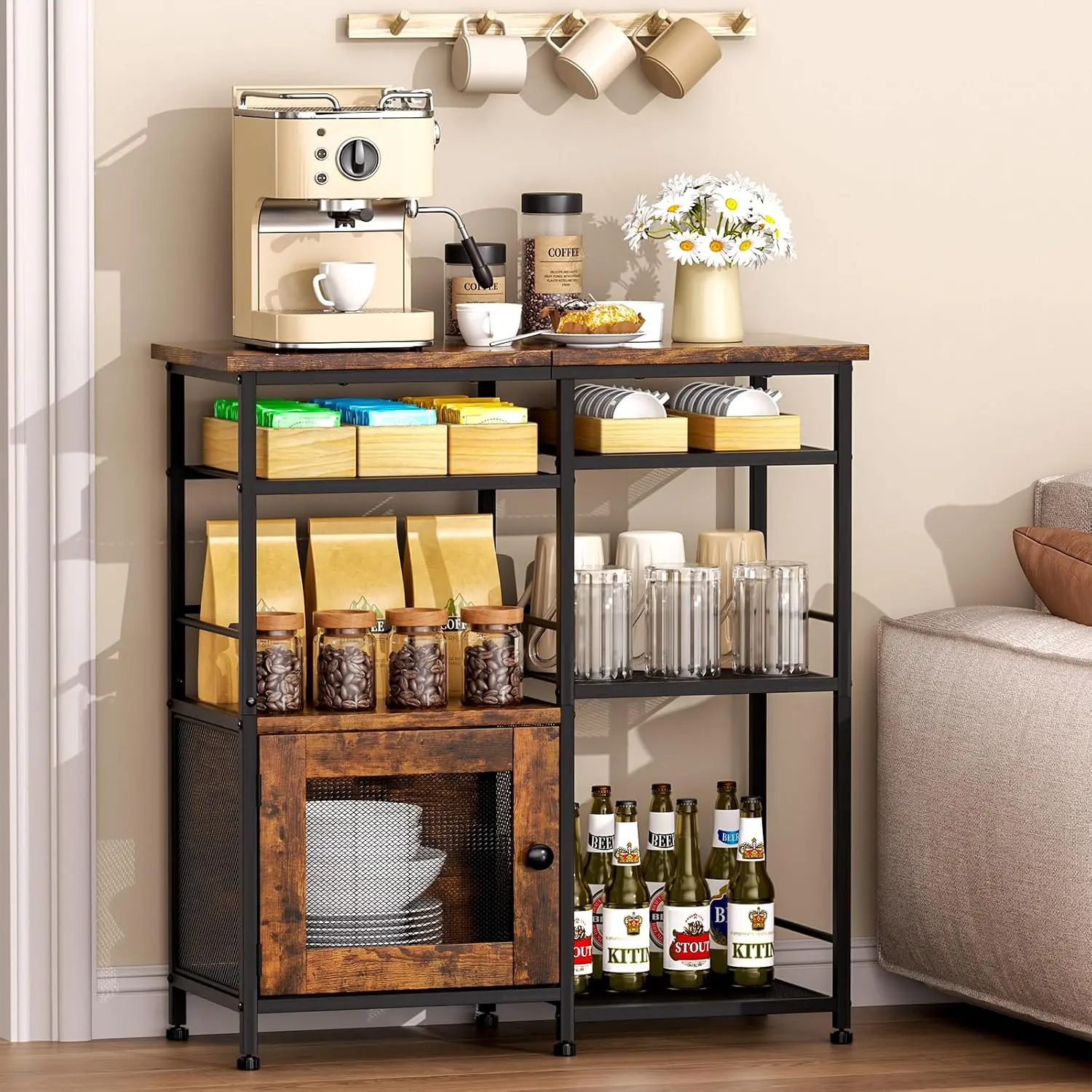 Coffee Bar Cabinet Station -  Small Coffee Stand Station with Doors, Rustic Storage Organizer for Kitchen, Buffet Sideboard Cabinet Table for , Office, Corner, Bar, Espresso