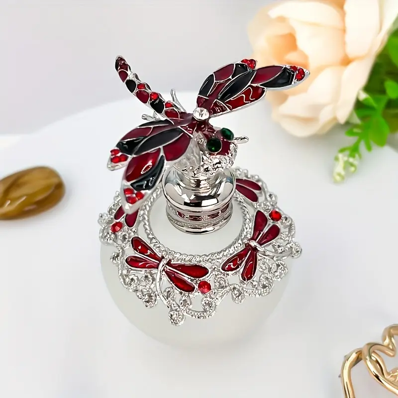 Eco-Friendly Glass-Zinc Alloy Decorative Single Perfume Dispensing Bottle, Home Supplies with Colorful Dragonfly Paint - Arabian Middle Eastern Essential Oil Container for Casual Wedding, Anniversary Celebrations