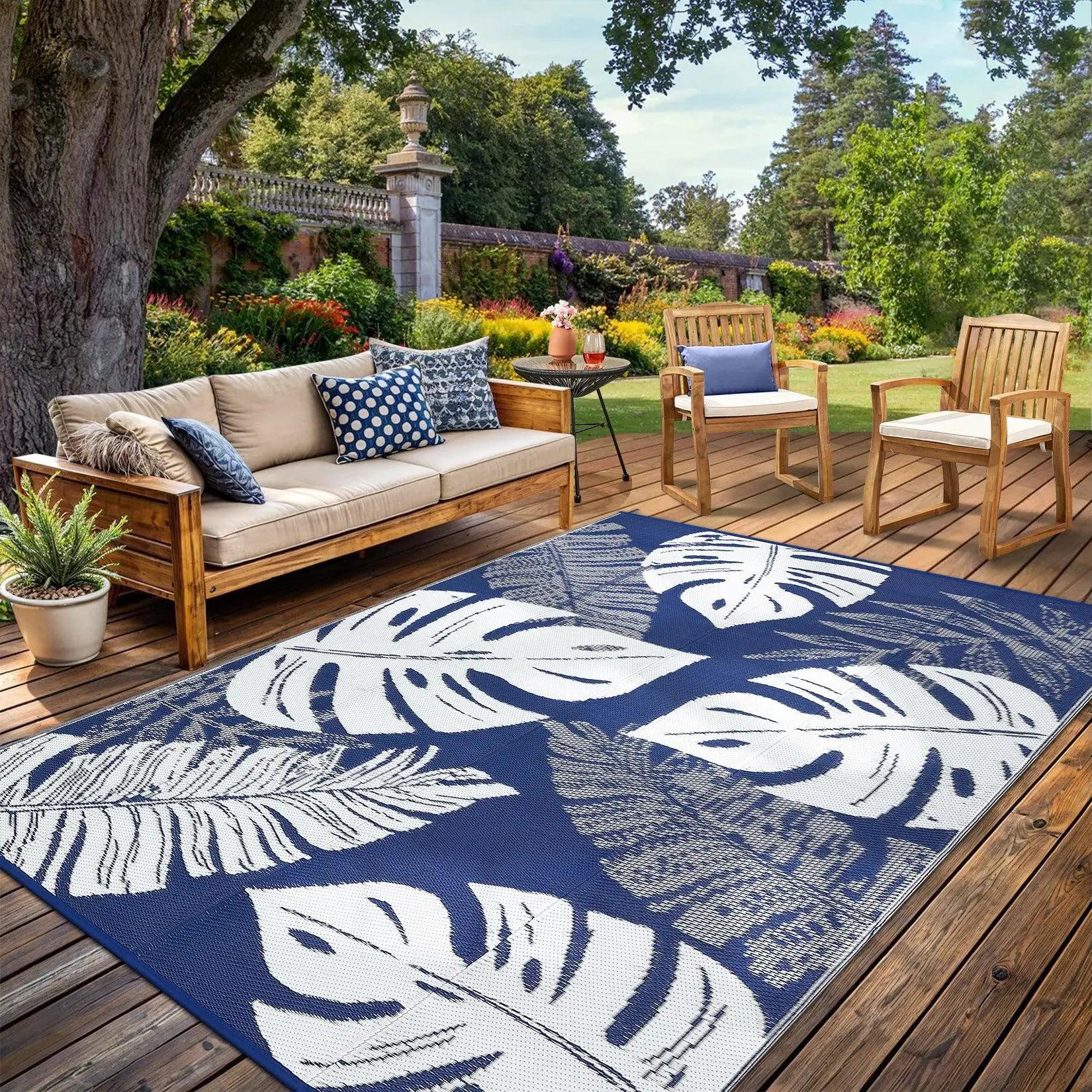 GARVEEOutdoor Reversible Plastic Straw Rugs with Tropical Palm Leaves Pattern, Waterproof, Available in Multiple Sizes (8x10, 9x12), Ideal for Patio, Deck, RV, Beach, Camp, Balcony, and Backyard Use