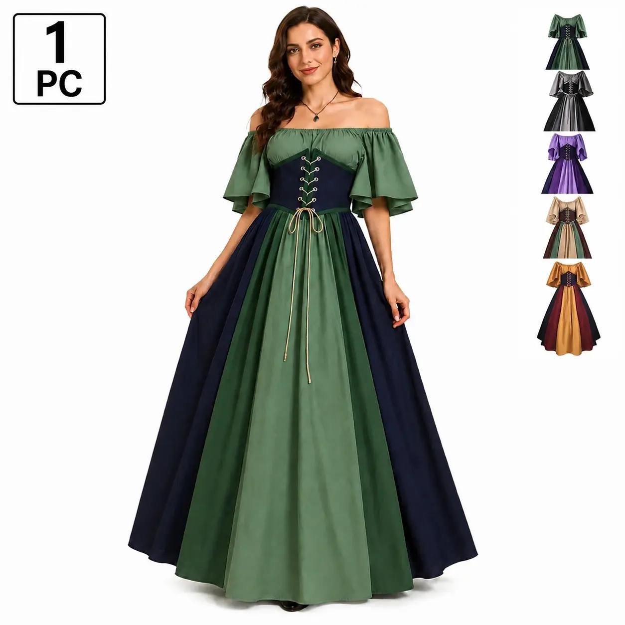 Medieval Renaissance Costume Dress, Womenswear off Shoulder Lace Up Vintage Gown, Short Sleeve Princess Peasant Dress Clothes for Halloween, Cosplay, Aesthetic, S-2xl