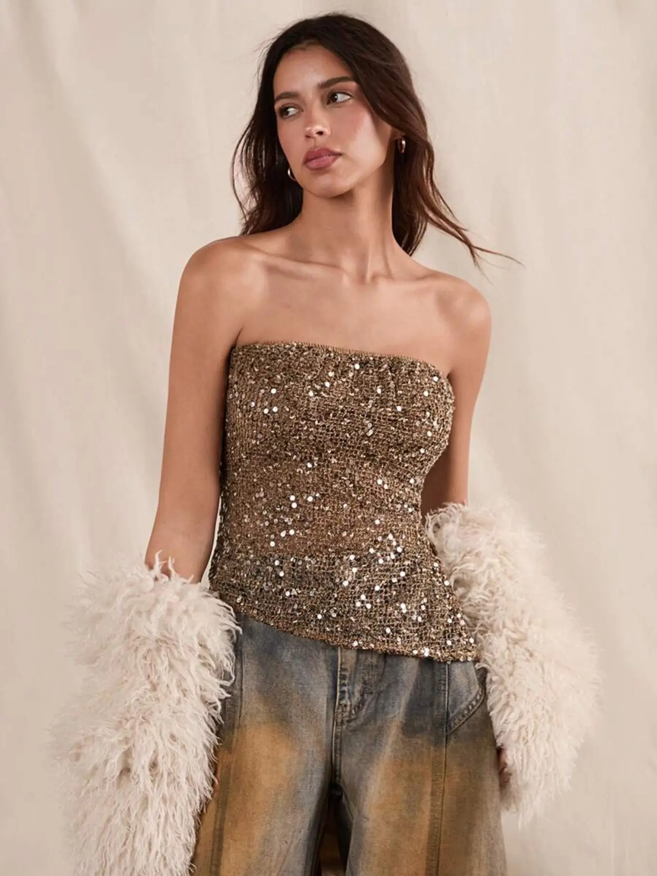 Sexy Slim Fit Backless Irregular European and American Style Elegant Fitted Sleeveless Sequin Sleeveless Strapless Womenswear Cropped Tank Top Fitted Tank Tops Tube Top for Women