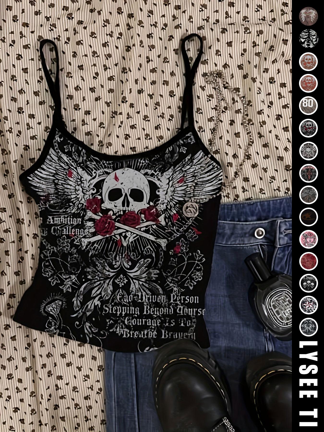 Vintage American Casual Slim-Fitting Skull Eagle Print Crop Top for Valentine's Day and Music Festival, Trendy Summer Vest for Women