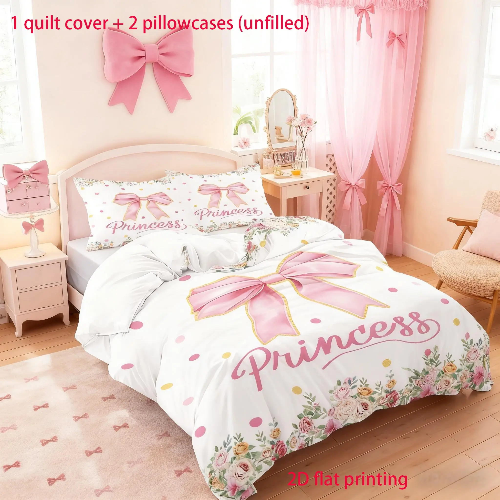 The 3-piece set includes 1 duvet cover and 2 pillowcases (without filling) Princess polka dot, floral rose pattern printed bedding set, Comfy bedding set, soft and comfortable, all seasons, perfect for children's adult rooms and gift options