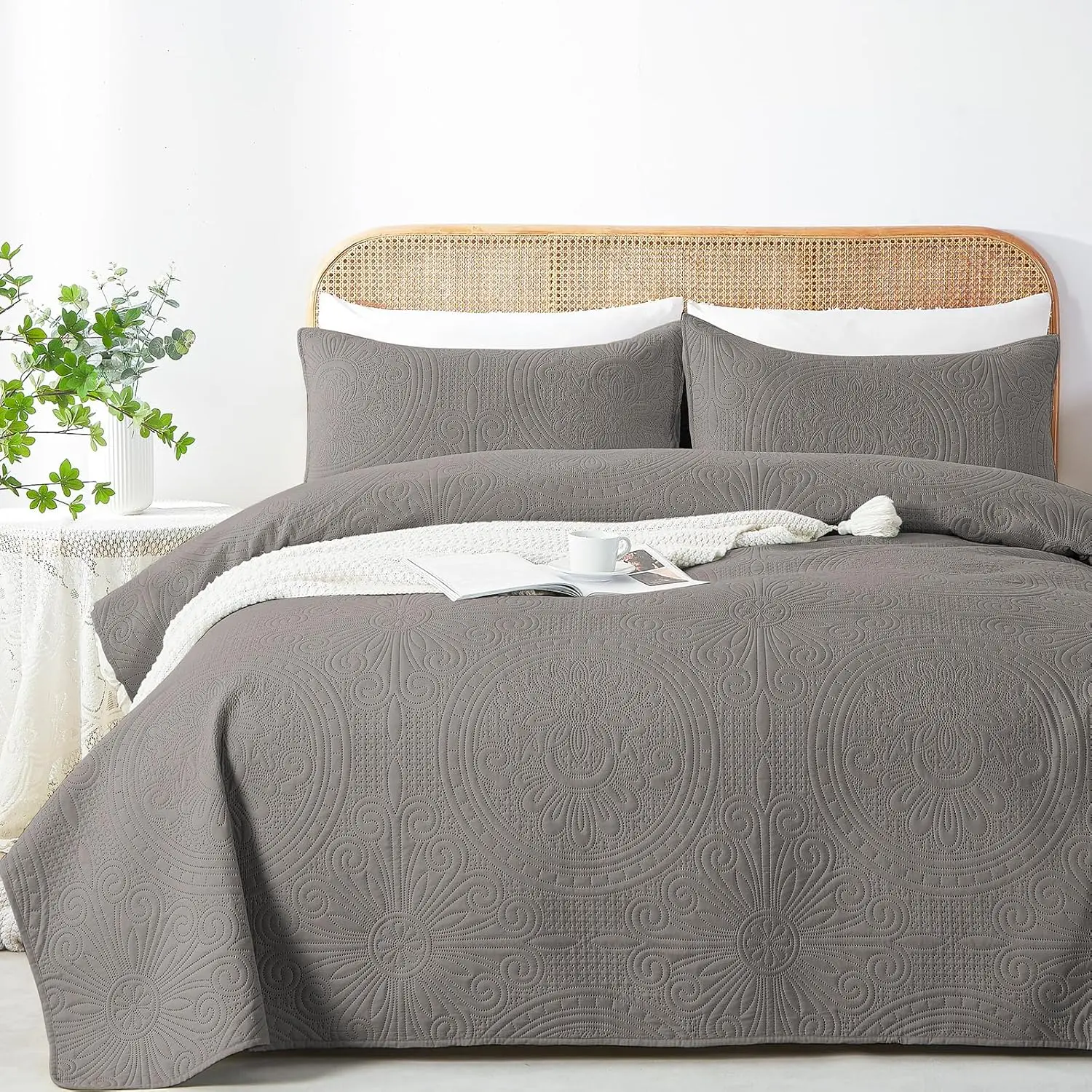 3-Piece Contemporary Hotel Chic Solid Texture Microfiber Bedspread Set - Full/Queen Size Grey Ultrasonic Embossed Lightweight Coverlet with 2 Pillow Shams for Year-Round Use