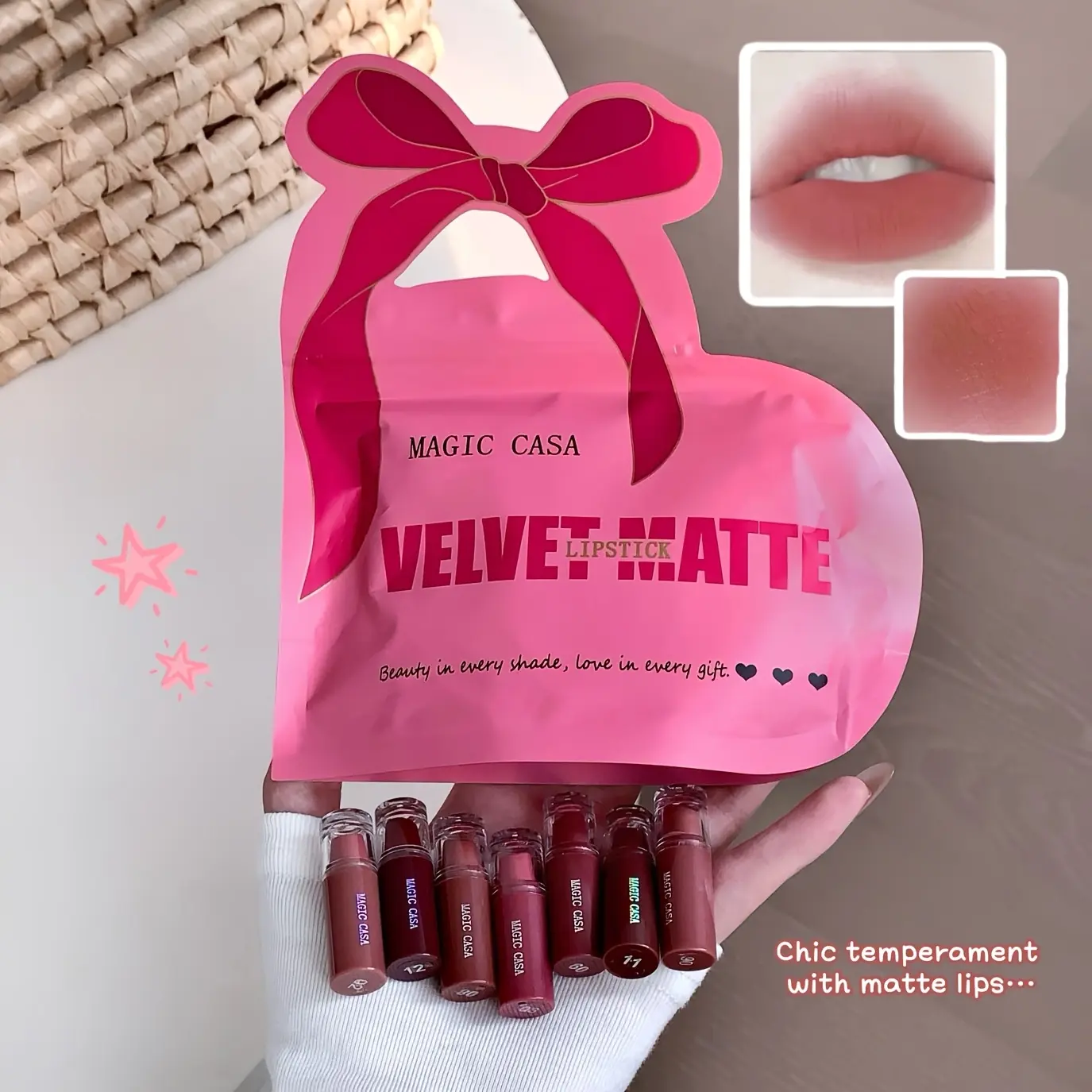 12Pcs Mini Velvet Matte Lipstick Set, Heart Bow Gift Bag Pack, 12 Shades Nude Brown Rose Tones Non-cracking Matte Lip Stick, Portable Mini Lip Makeup Kit, Birthday Valentine's Day Makeup Gift for Women Girls