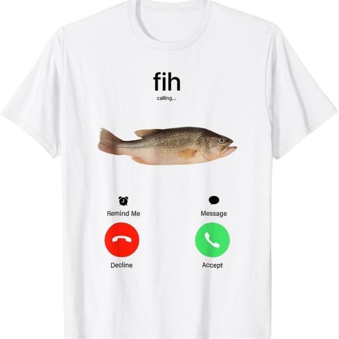 Funny Fish Calling Phone Print T Shirt, Casual Cotton Tops, Novelty Gift for Men