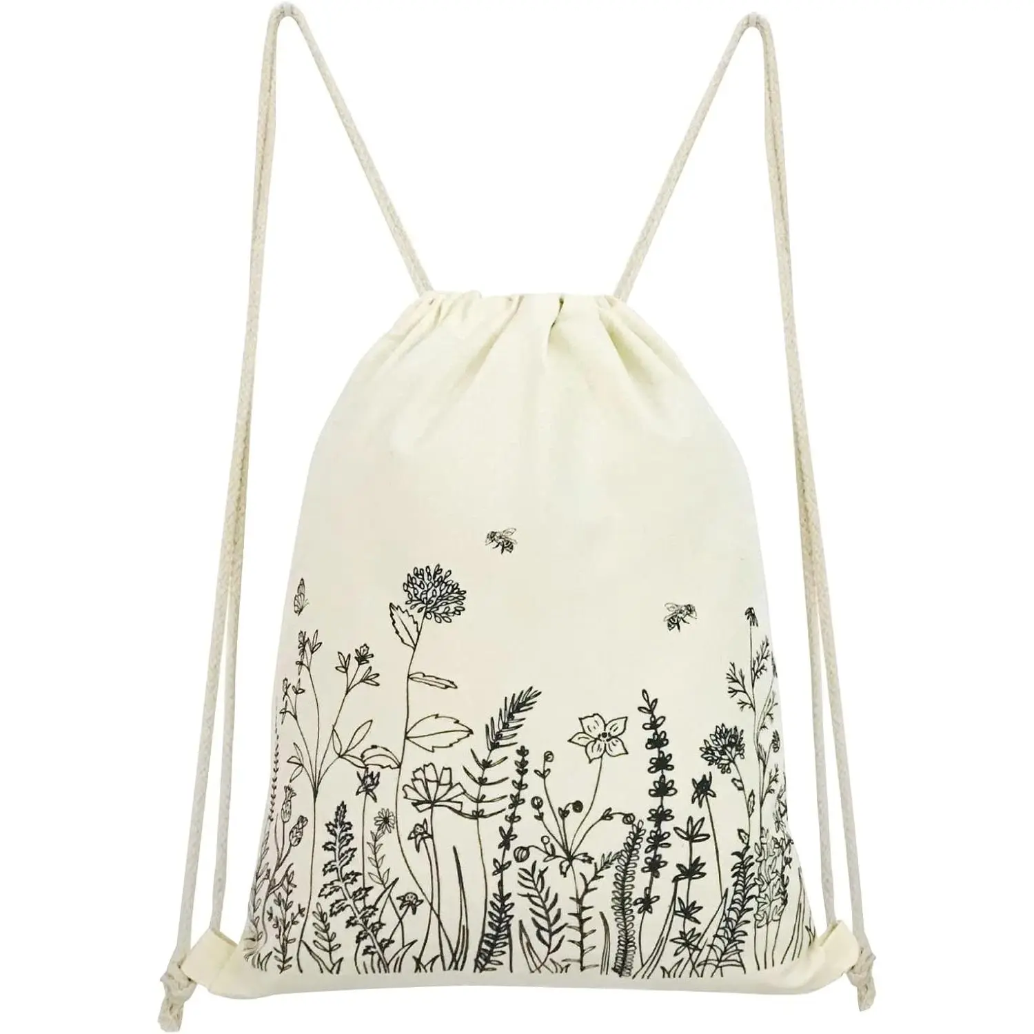 Cute Floral Cotton Canvas Drawstring Backpack for Women & Girls - Lightweight Small Bag for Gym, School, Beach, Travel, Sports & Gift(Gift)