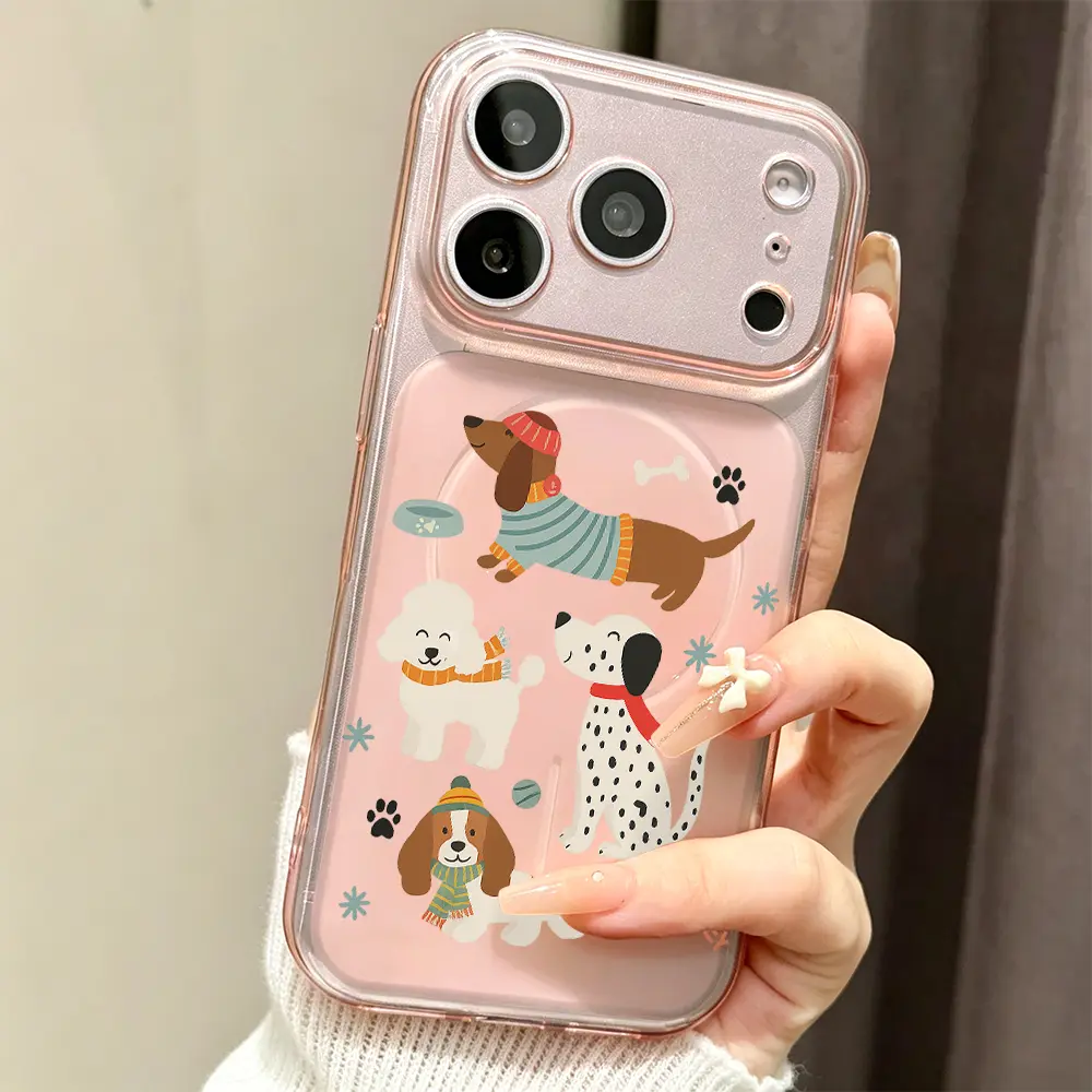 Magnetic TPU Material Winter Cute Dog Paw Print Phone Case for iPhone Series (11 Pro Max,12-17,17 Air,17 Pro Max) - Cozy Cartoon Pet Style with Warm Scarf,Dalmatian,Dachshund,Poodle,Snow Bone Patterns,Aesthetic Art Gift