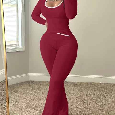 Women's Sportswear Set, Long Sleeve Slim Fit Top and High Waist Bell Bottoms, Solid Color Yoga Wear, Streetwear, Yoga Active Wear