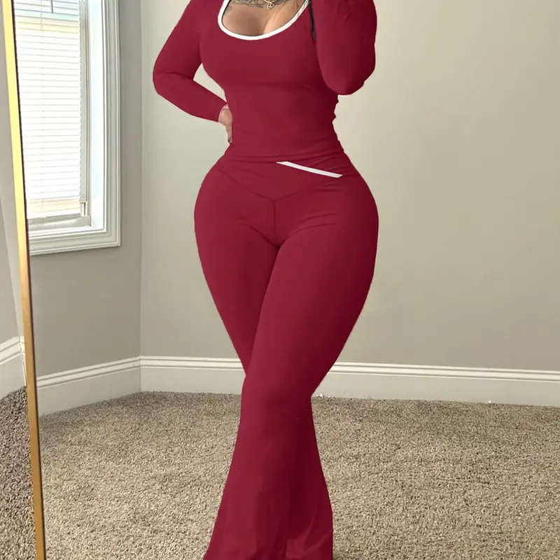 Women's Sportswear Set, Long Sleeve Slim Fit Top and High Waist Bell Bottoms, Solid Color Yoga Wear, Streetwear, Yoga Active Wear