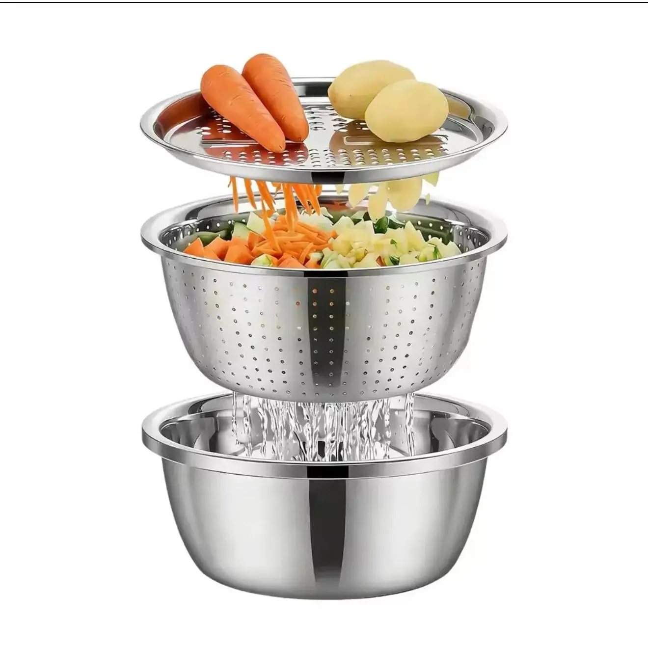 Stainless Steel Multi-Functional Bowl Set, Ideal for Washing Rice Fruits Vegetables Kitchen Essentials