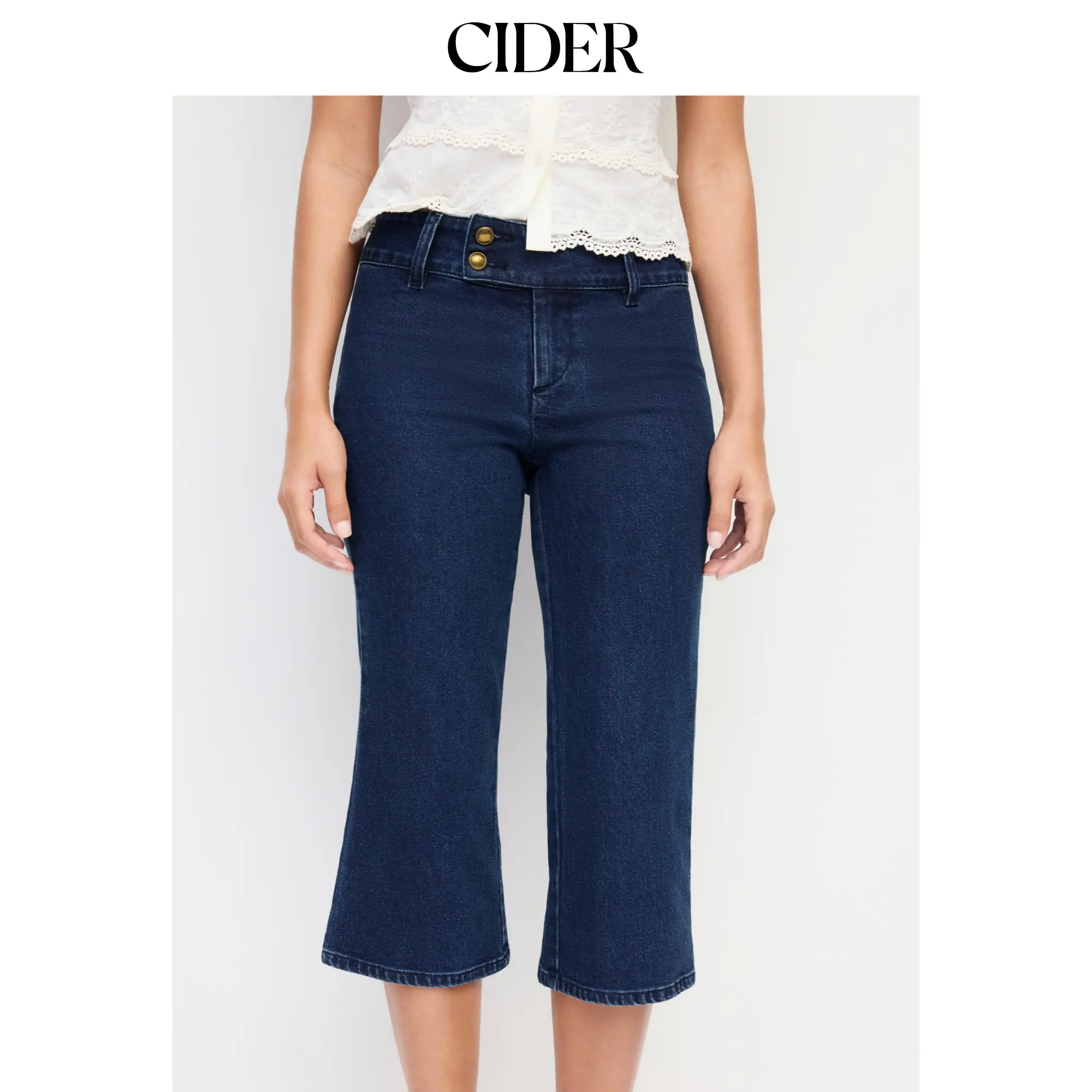 Cider Stretch Denim Washed Mid Rise Metal Detail Flared Capri Jeans