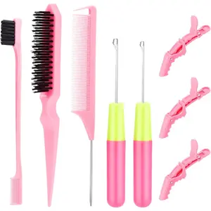 SWEET VIEW Hair Crochet Hooks Set - 2 Crochet Needles, Edge Brush, Bristle Brush, Rat Tail Comb, 3 Gator Clips for Passion Twist Hair Extensions