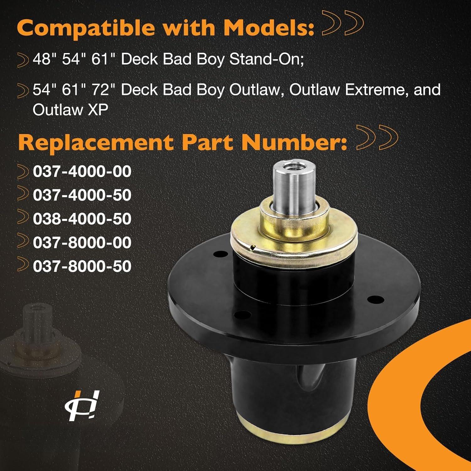 Deck Spindle Compatible with Bad Boy 48" 54" 61", Stand-on; Deck Outlaw  and Outlaw XP 54" 61" 72" Mower  Spindle Bearings, Replace 037-4000-00, 038-4000-50