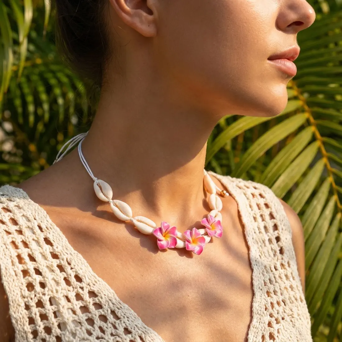 Shell Plumeria Flower Necklace for Women, Lightweight Boho Tropical Accessory with Steel Chain for Vacation Beachwear, Tropical Flowers, Coastal
