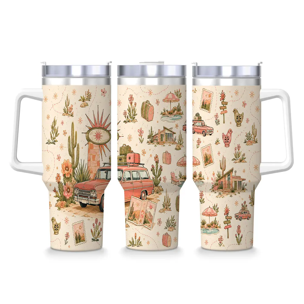 40oz Retro Southwest Cactus Printed Stainless Steel Tumbler Cup - Double-Wall, Anti-Scald, Portable Handle with Lid & Straw for Road Trip, Camping (Home Supplies Storage Bottle)