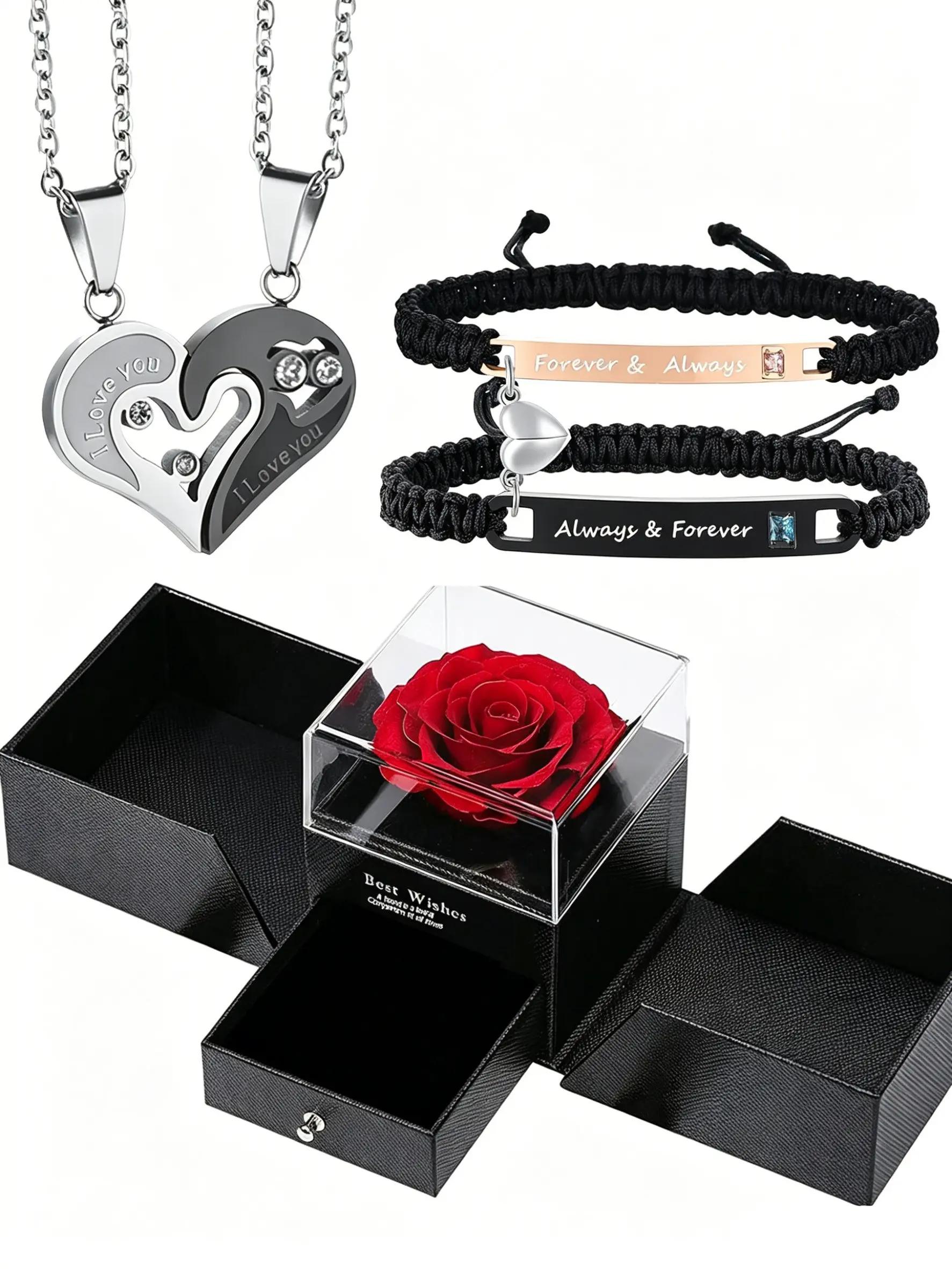 Matching Magnetic Heart Couple Jewelry Gift Box Set, Couples Jewelry Set, Heart Shine Set, Hypoallergenic Stainless Steel Puzzle Heart Necklaces & Promise Bracelets, Engraved Forever Love Words, Romantic Gift for Valentine's Day, Christmas & Anniversary